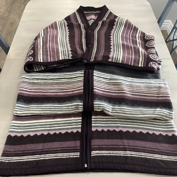 Vintage Biederlack Blanket Cuddle Wrap Soft Snap Button Zip Purple Green Gray - Picture 3 of 9
